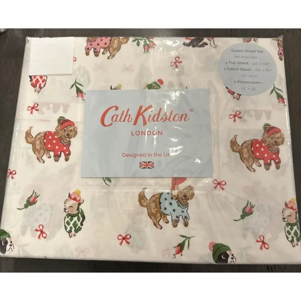 Cath Kidston London 4 Piece Queen Puppy Love Pink Christmas Sheet Set Cotton New